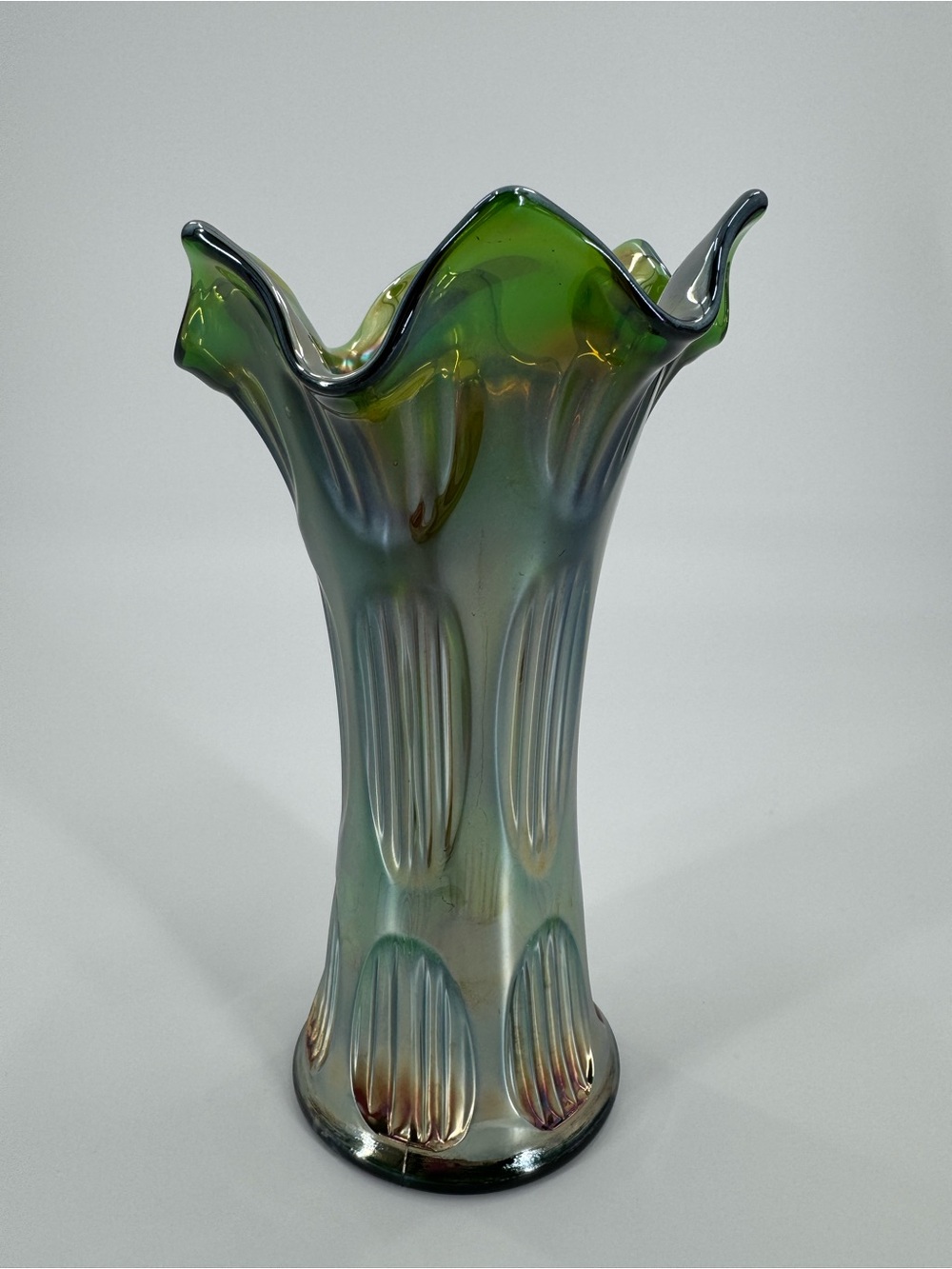 Fenton Diamond and Rib Green Carnival Glass Swung Vase Vintage